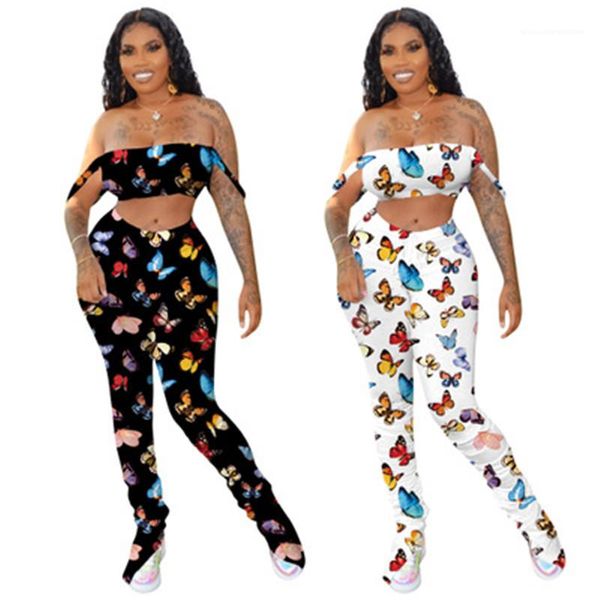 

breast wrap sets designer female off shoulder split two piece pants ldies flare sets fashion trend butterfly pattern stacked pants, White
