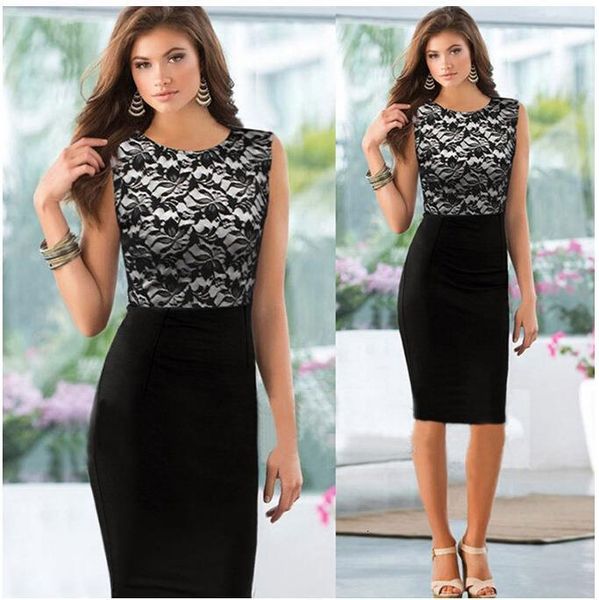 

women summer dress 2020 sleeveless o-neck leaf print lace explosion stitching slim pencil mini dresses vestidos wj219, Black;gray