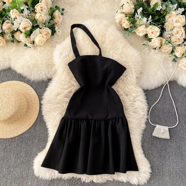 

2021 new solid female singiny summer party plissado sling dress no back the line short style 86l7, Black;gray