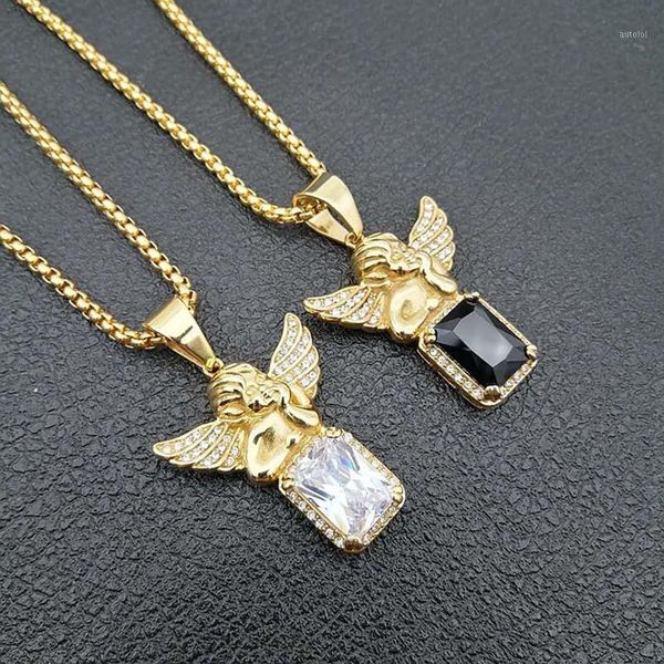 

hip hop rhinestones bling iced out gold color stainless steel square cubic zirconia angel pendants necklace for men jewelry1, Silver