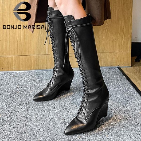 

bonjomarisa genuine leather pointed toe lace up mid calf boots wegdes stylish new boots women solid casual shoes woman, Black