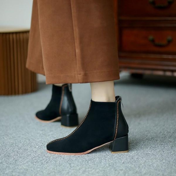 

round toe lady boots women's low shoes med mid-calf mid calf large size rubber autumn hoof heels mid-calf solid flock, Black