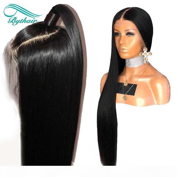 

silky straight brazilian virgin hair full lace wig human hair lace front wig with baby hair pre-plucked hairline bleached knots bythair, Black;brown