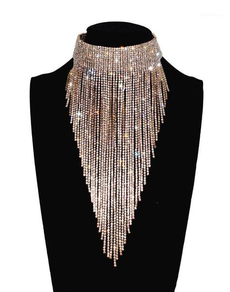 

qiaose shiny full rhinestone long chain choker collar statement necklace for women stunning necklace jewelry1, Golden;silver