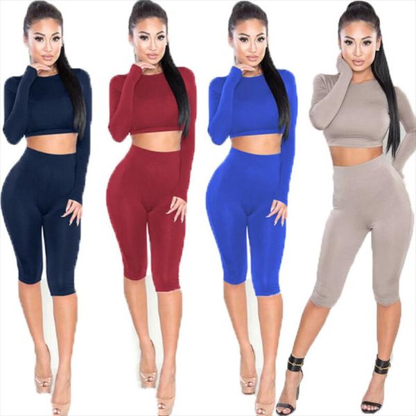 

casual women ladies bodycon 2pcs sets long sleeve o neck crop knee length pants solid slim casual sports gym sets, Gray