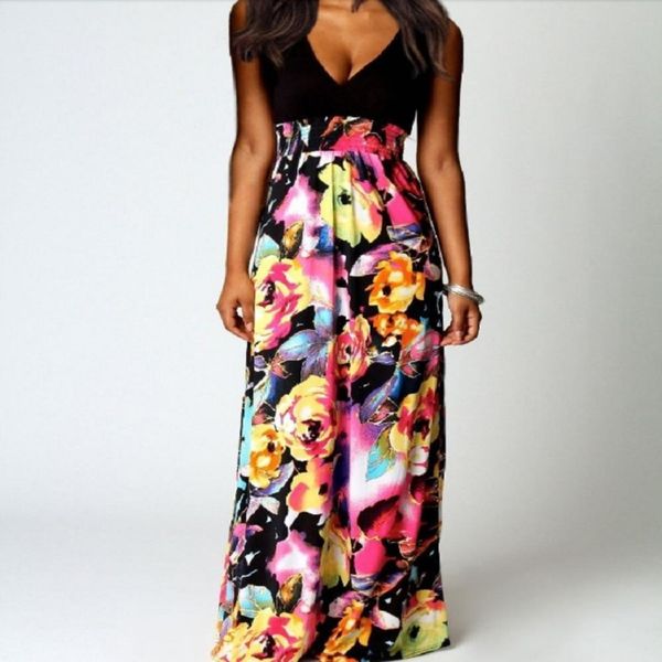 

deep v-neck sleeveless print long slim dress sizexxl, Black;pink