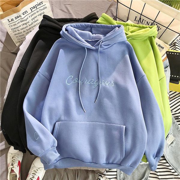 

women's hoodies & sweatshirts women long sleeve letter embroidery plus velvet hooded sweatshirt autumn winter fashion female loose hood, Black