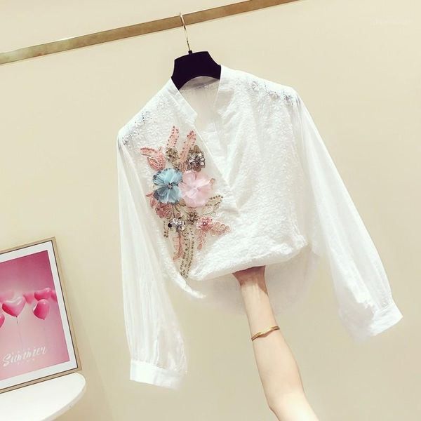 

2020 spring new sequined embroidered flower v-neck long-sleeve shirt women's casual flower blouses ladies white shirt 1