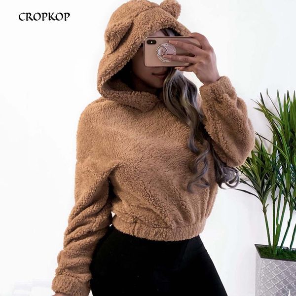 

hoodie sweatshirt with ears crop short women long sleeve pullovers new white autumn winter teddy plush warm ladies clothing1, Black