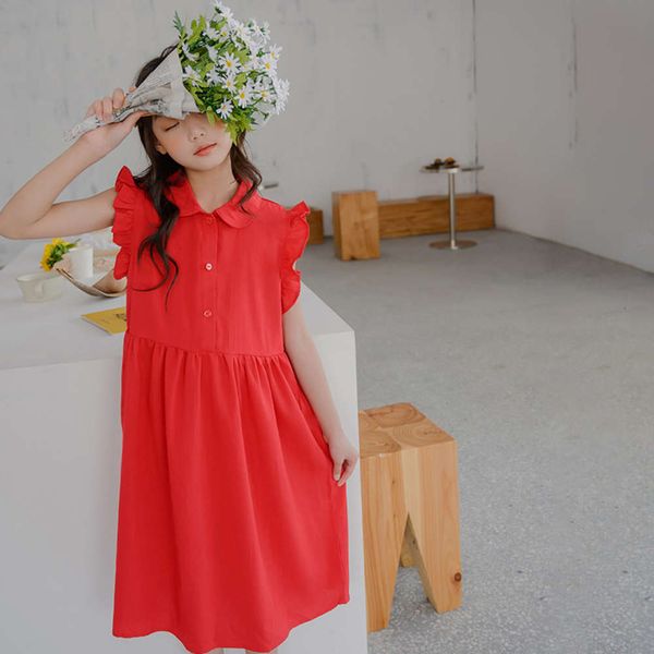 

girls' summer 20017 children's korean version lapel ear cuffs medium length doll princs drs, Red;yellow