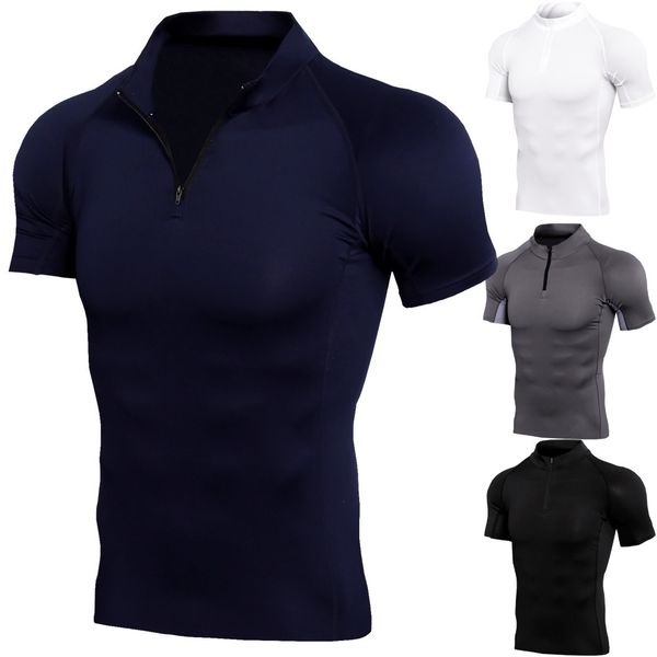 

compression short-sleeved tee sportswear men's stand-up collar zipper fitness t-shirt sports quick-drying clothes, White;black