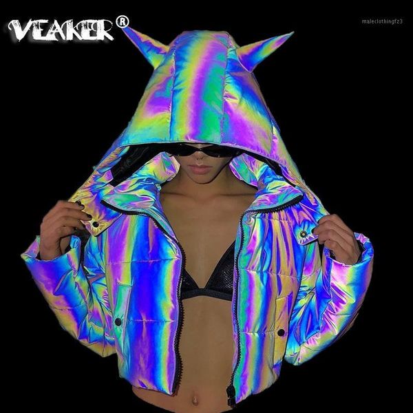 

women's down & parkas reflective jacket for women 2021 autumn loose winter warm shiny overcoat short coat funny cute parka cotton hoode, Black