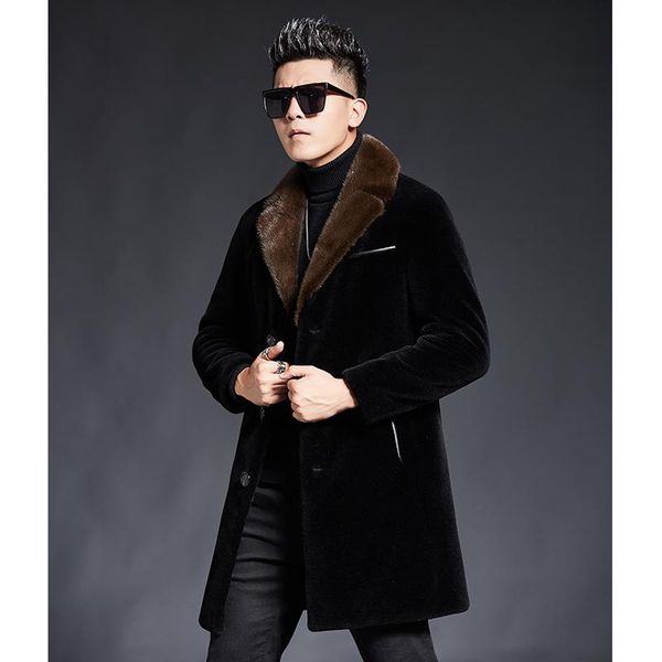 

men's pure australian wool coat mink collar medium length warm smart casual sheep shear overcoat, Black