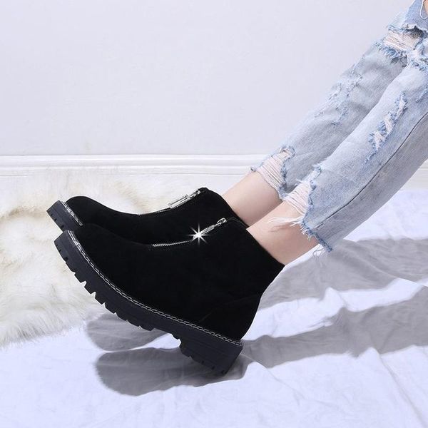 

akexiya boots women 2020 new thick-heeled british velvet front zipper breathable warm wear-resistant women's short boots, Black