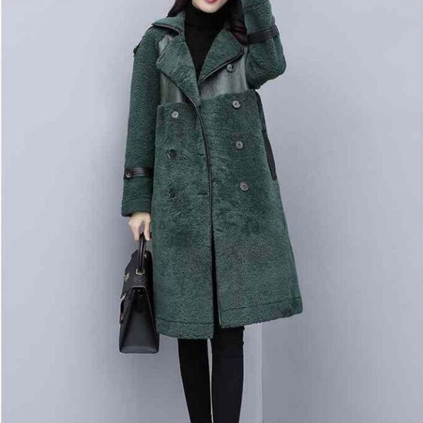 

women winter leather fur long coats female winter faux lamb fleece jacket, Black
