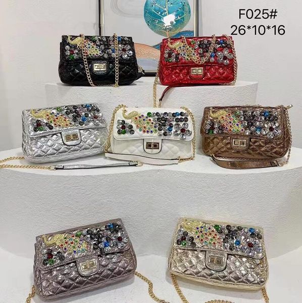 

Wholesale factory ladies shoulder bags high quality soft and comfortable leather handbag European fashion Peacock diamond chain bag sweet rhinestone handbags, Brown 025