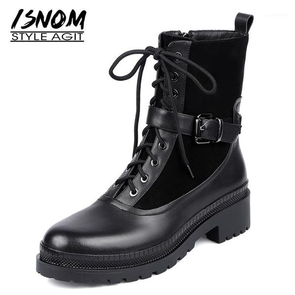 

boots isnom genuine leather ankle woman suede buckle strap motorcycle booties cross tie zipper chunky heels shoes women platform1, Black