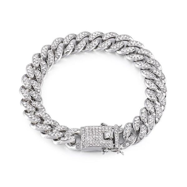 

link, chain hip hop bling iced out rapper bracelet full rhinestone pave with miami cuban link for men jewelry 12mm,8 inch, Black