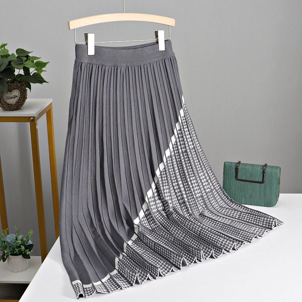 

2021 new luxury houndstooth long knit women pleated autumn winter thick warm a line chic knitted sweater skirt femme ofab, Black