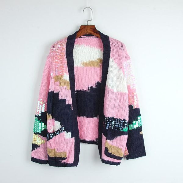 

2017 autumn winter new paillette knitting cardigan shawl leisure v lead color will sweater woman1, White;black