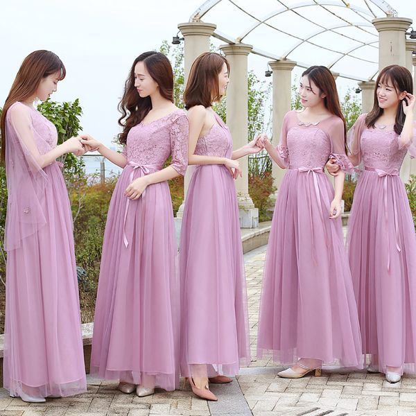 

Lace Elegant Long Formal Sister Prom Junior Champagne Dusty Blue Gray Pink Navy Purple Bridesmaid Dresses Wedding Guest Dress