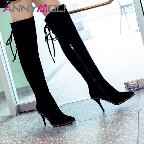 

annymoli thigh high boots winter bling women high heel over the knee boots zipper lace up tallboots autumn women footwear1, Black