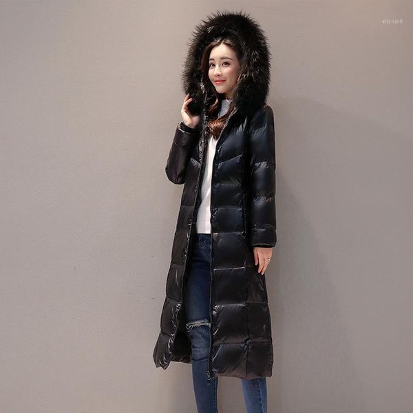 

duck down jacket women fur collar hooded mid-length fashion winter jacket 2019 new winter feather glossy duck down women1, Black