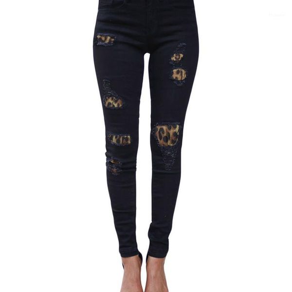 

womens high waist skinny jeans hole leopard patchwork ribbed long trouser casual slim pencil jeans1, Blue