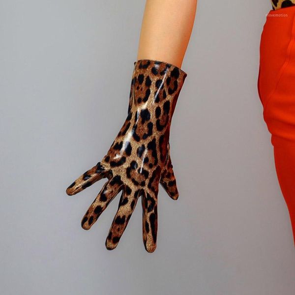 

leopard short gloves 28cm female faux leather bright patent leather women gloves brown leopard slim hand wpu2901, Blue;gray