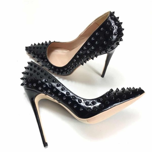 

matur new women high heels pumps spring shallow rivet thin heels women pumps slip-on party women shoes pu leather shoes lj200928, Black