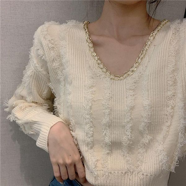

make net price ~ ~ long-sleeved v-neck tassel loose pullovers, White;black