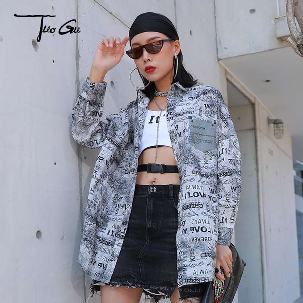 

tuoguchao brand women's drs 2020 spring new fashion personality interting pattern printing casual shirt, White