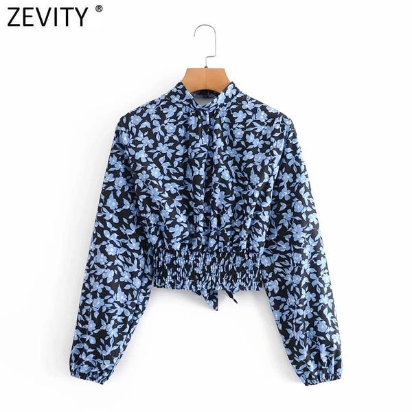 

women's blouses & shirts zevity women backless print short smock blouse ladies long sleeve hem elastic bow chic femme blusas ls733, White