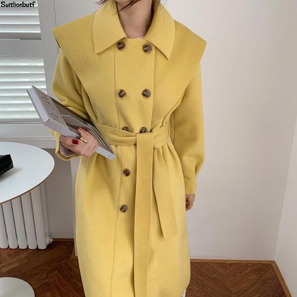 

korean elegant ladies double-sided woolen x-long women coat double breasted belted navy collar vintage abrigo mujer fashion coat, Black
