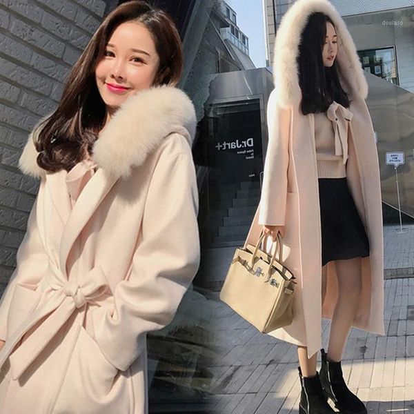 

women woolen coat long over-knee trench coat women outerwear wool blend warm lady slim woolen overcoat with fur collar1, Tan;black