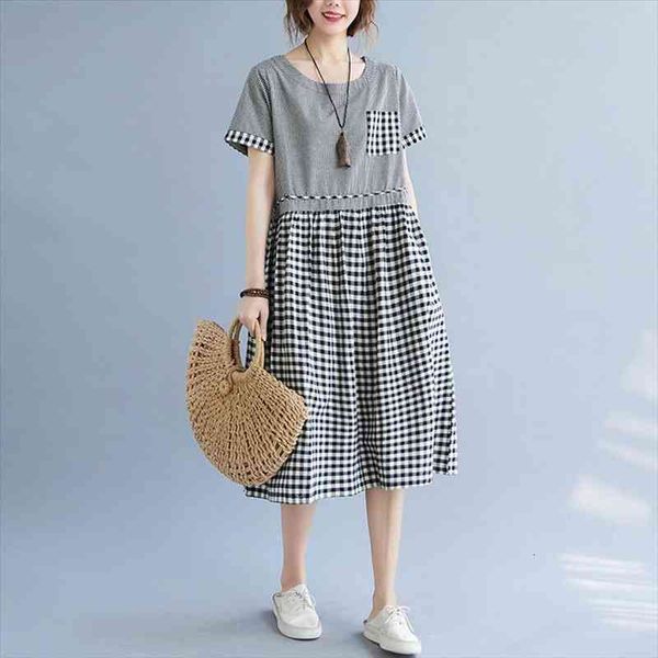 

women summer cotton casual long dress arrival vintage style o-neck plaid loose ladies elegant a-line dresses b628, Black;gray