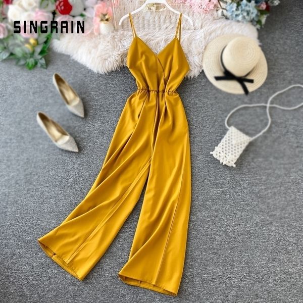 

singrain women summer strap long pants jumpsuits loose beach cami overalls boho sleeveless solid chiffon wide leg rompers y200422, Black;white