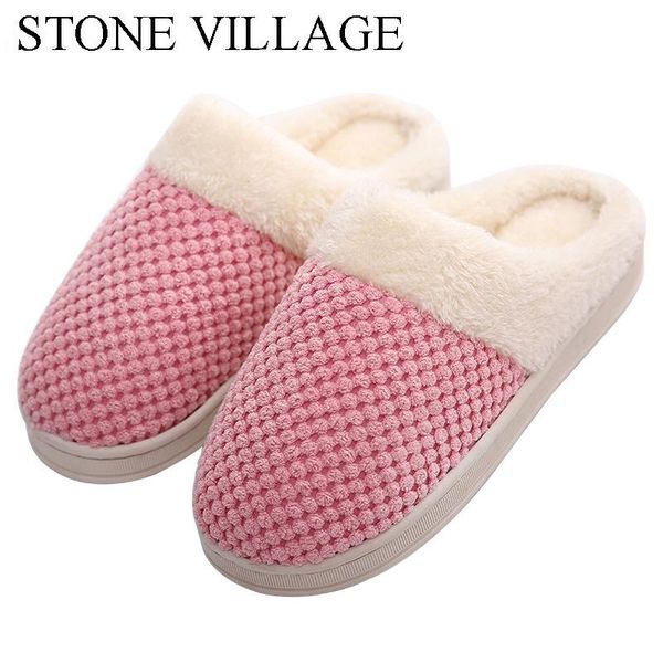 

stone village pineapple grid indoor home slippers cotton slippers winter men and women slipper wooden floor no-slip cotton shoes, Black
