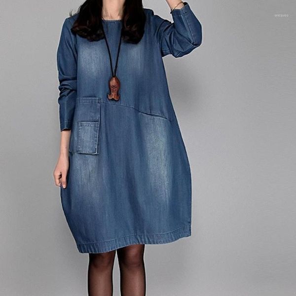 

fashion women casual autumn denim dress knee length dress long sleeve o-neck pocket loose female dresses ropa de mujer #t1g1, Black;gray