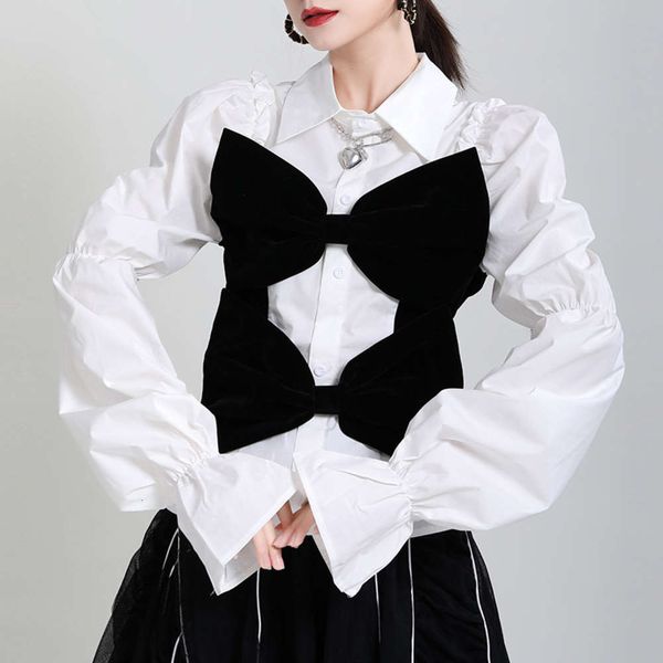 

ear edge stitching veet bow shirt women's spring summer 2021 new dign bubble sleeve age reducing top, White