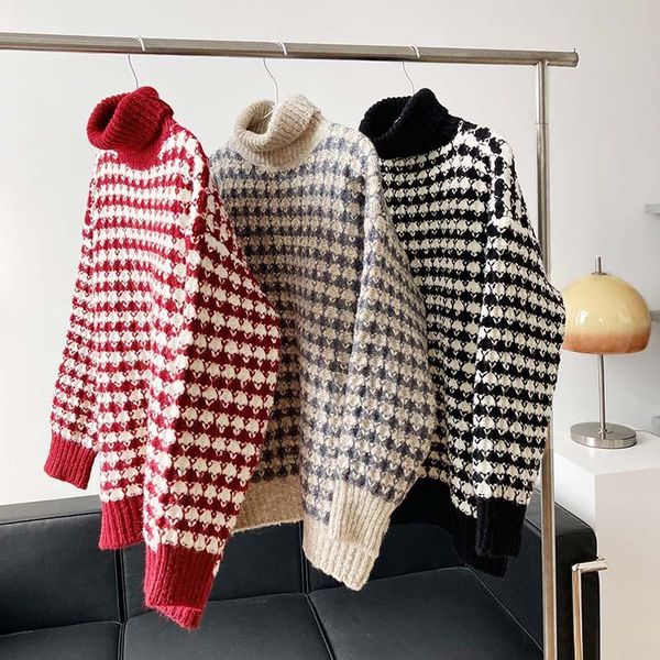 

mooirue winter casual women sweater plaid high neck sweater spring new 2021 korean style lazy design thickened jumper, White;black