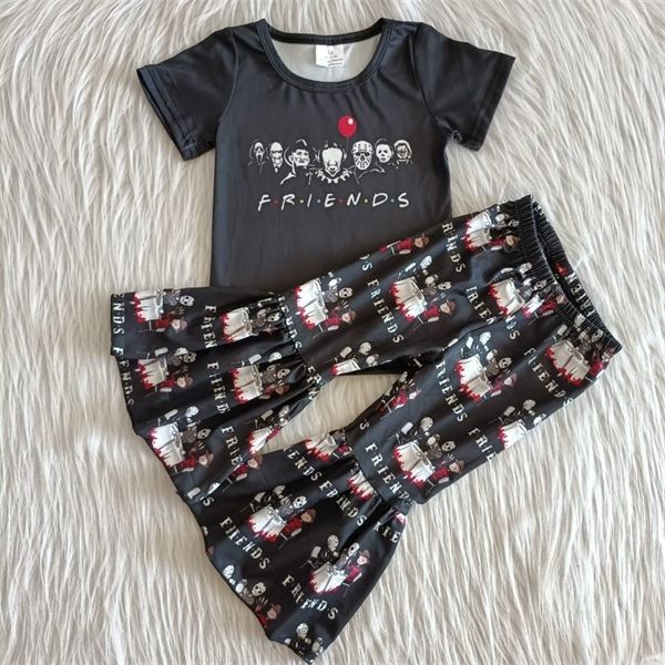 

boutique children clothing sets print bell bottoms black friends short sleeve girls clothing suit 0927, White