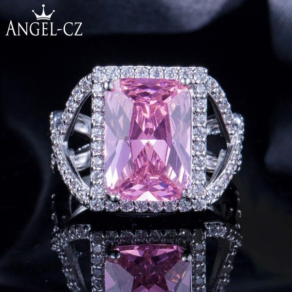 

wedding rings angelcz perfect princess cut pink cz crystal engagement ring luxury bridal jewelry with 925 sterling silvery stamp ar042, Slivery;golden