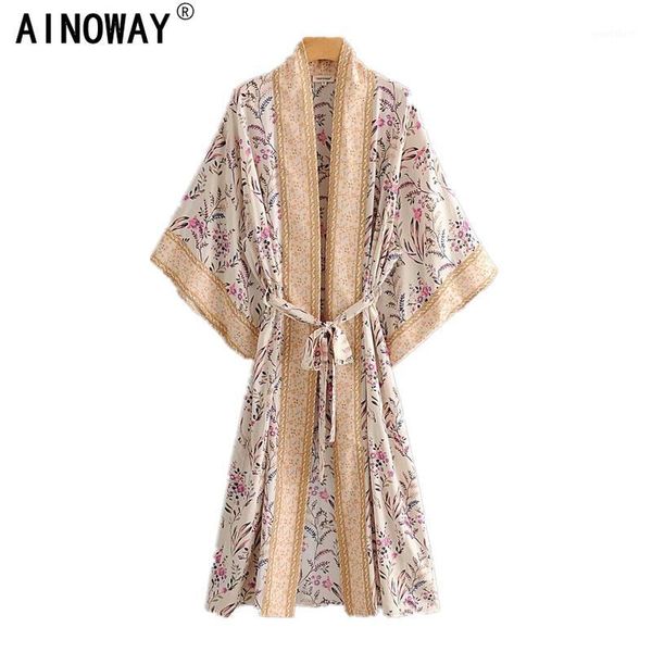 

boho vintage green floral print sashes women bohemian v neck batwing sleeves happie blouses casual blusas robe kimono1, White