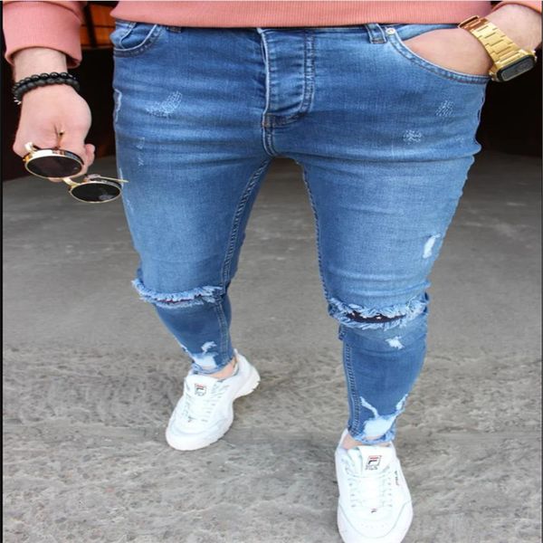 

mens light washed pencil pants designer hole skinny slim jeans zipper fly fashion designer mens clothing, Blue