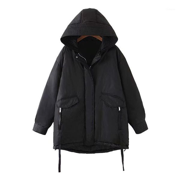 

elina winter hooded parkas women fashion black zipper coats women elegant loose pockets a line cotton jackets female ladies1