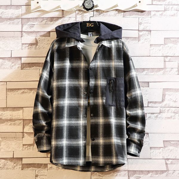 

2021 new hip hop streetwear punk style casual plaid shirt men's long sleeve loose with hooded m06c, White;black