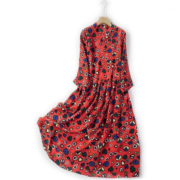 

print flowers real silk dress 2020 summer a-line o-neck mid-calf vestidos novos de prairie chic dress for rest women's clothing1, Black;gray