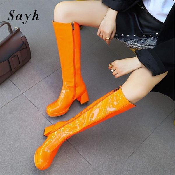 

boots 2021 fashion winter woman patent leather shoes punk rock platform knee high women rome heels outdoor shoes1, Black