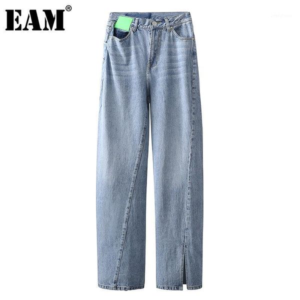 

eam] brief bright vent split wide leg long jeans new high waist loose women trousers fashion tide spring autumn 2020 1dc1631, Blue